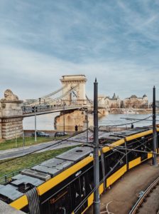 View of Budapest's Chain Bridge as a tram passes by, Hungary View of Budapest's Chain Bridge as a tram passes by, Hungary