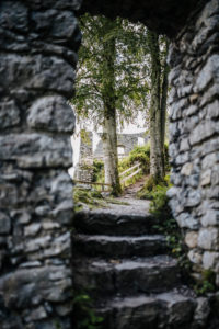 Stairs lead to the remains of the walls of the Werdenfels castle ruins, Garmisch-Partenkirchen, Bavaria Stairs lead to the remains of the walls of the Werdenfels castle ruins, Garmisch-Partenkirchen, Bavaria