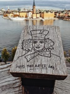Stockholm, Sweden, drawing of the mad hatter from Alice in Wonderland, view of Riddarholmen from Monteliusvägen Stockholm, Sweden, drawing of the mad hatter from Alice in Wonderland, view of Riddarholmen from Monteliusvägen