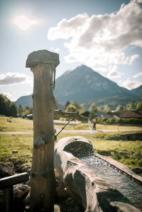 Wooden fountain, Germany, Bavaria, Garmisch-Partenkirchen Wooden fountain, Germany, Bavaria, Garmisch-Partenkirchen