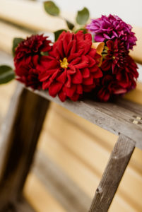 Dahlia bouquet, wooden ladder, garden bench Dahlia bouquet, wooden ladder, garden bench