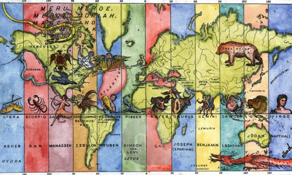 Bildagentur Mauritius Images Astrology Astro Geography Atlantis The Map Of The World Divided Into Twelve Vertical Strips Corresponding To Longitudes With A Fanciful Arrangement Of Zodiac Signs Linked With The Twelve Tribes Of Israel The Fabulous