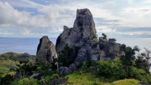 View on big rock, surrounded by meadow and bushes and sea in the background, Fiji View on big rock, surrounded by meadow and bushes and sea in the background, Fiji