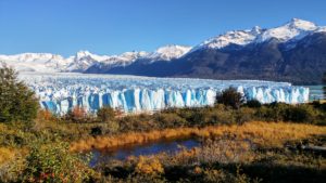 View of Perito Moreno Glacier, autumnal landscape in the foreground, El Calafate, Argentina View of Perito Moreno Glacier, autumnal landscape in the foreground, El Calafate, Argentina