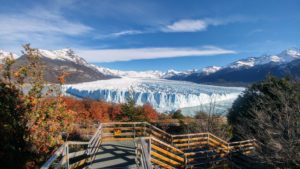 View of Perito Moreno Glacier, autumnal landscape in the foreground, El Calafate, Argentina View of Perito Moreno Glacier, autumnal landscape in the foreground, El Calafate, Argentina