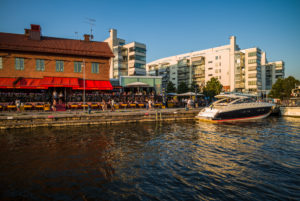 Sweden, Vastmanland, Vasteras, waterfront cafes of the Munkangen harborfront Sweden, Vastmanland, Vasteras, waterfront cafes of the Munkangen harborfront