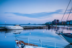 Sweden, Vastmanland, Vasteras, yacht harbor at the Munkangen harborfront, dusk Sweden, Vastmanland, Vasteras, yacht harbor at the Munkangen harborfront, dusk