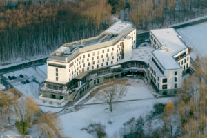Aerial view, IGM educational centre Sprockhoevel in winter, snow, IG Metall, Sprockhoevel, Ruhr area, North Rhine-Westphalia, Germany, Europe Aerial view, IGM educational centre Sprockhoevel in winter, snow, IG Metall, Sprockhoevel, Ruhr area, North Rhine-Westphalia, Germany, Europe