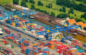 Aerial view, Port of Duisburg, logistics location Logport 1, Duisburg Rheinhausen, container port, Rhine, Rheinhausen, Duisburg, Ruhr area, North Rhine-Westphalia, Germany Aerial view, Port of Duisburg, logistics location Logport 1, Duisburg Rheinhausen, container port, Rhine, Rheinhausen, Duisburg, Ruhr area, North Rhine-Westphalia, Germany