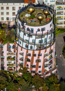 Aerial shots, 'Grüne Zitadelle', Hundertwasser House, ART HOTEL of Magdeburg, Magdeburg-Altstadt, Magdeburg, Saxony-Anhalt, Germany Aerial shots, 'Grüne Zitadelle', Hundertwasser House, ART HOTEL of Magdeburg, Magdeburg-Altstadt, Magdeburg, Saxony-Anhalt, Germany