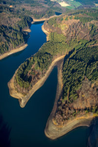 Genkel river dam, water shortage, low water, Meinerzhagen, Sauerland, district of Brandenburg, North Rhine-Westphalia, Germany Genkel river dam, water shortage, low water, Meinerzhagen, Sauerland, district of Brandenburg, North Rhine-Westphalia, Germany