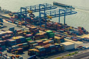 Aerial view of the container warehouse and transshipment point in port area logport II in Duisburg in the Rhine-Ruhr Metropolitan Region in the state of North Rhine-Westphalia, Germany Aerial view of the container warehouse and transshipment point in port area logport II in Duisburg in the Rhine-Ruhr Metropolitan Region in the state of North Rhine-Westphalia, Germany