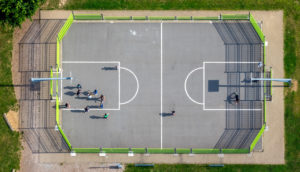 Aerial view of the volleyball court at the playground Herz-Adolf-Weg in Soest in the Soester Börde, in the federal state North Rhine-Westphalia in Germany, Soester Börde, Europe, Aerial view of the volleyball court at the playground Herz-Adolf-Weg in Soest in the Soester Börde, in the federal state North Rhine-Westphalia in Germany, Soester Börde, Europe,