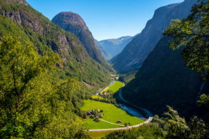 railway ride with the Flambahn, meadows, trees, waterfall, mountains, blue sky, Skulestadmo, Hordaland, Norway, Scandinavia, Europe railway ride with the Flambahn, meadows, trees, waterfall, mountains, blue sky, Skulestadmo, Hordaland, Norway, Scandinavia, Europe