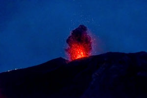 Night scene of the fire and cloud of smoke of Stromboli volcano, eruption, Lipari, Aeolian Islands, Aeolian Islands, Tyrrhenian Sea, Southern Italy, Europe, Sicily, Italy Night scene of the fire and cloud of smoke of Stromboli volcano, eruption, Lipari, Aeolian Islands, Aeolian Islands, Tyrrhenian Sea, Southern Italy, Europe, Sicily, Italy