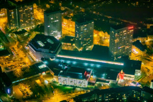 Aerial view, Forum City Mülheim, shopping center, four high-rise residential buildings, Mülheim, Ruhr area, North Rhine-Westphalia, Germany Aerial view, Forum City Mülheim, shopping center, four high-rise residential buildings, Mülheim, Ruhr area, North Rhine-Westphalia, Germany