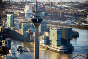Aerial view, Rhine tower, television tower, Medienhafen, Dusseldorf, Rhineland, North Rhine-Westphalia, Germany Aerial view, Rhine tower, television tower, Medienhafen, Dusseldorf, Rhineland, North Rhine-Westphalia, Germany