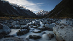 View from the hooker river bed towards Mt. Cook, Mt. Cook National Park, Canterbury, New Zealand View from the hooker river bed towards Mt. Cook, Mt. Cook National Park, Canterbury, New Zealand