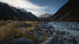 View from the banks of the Hooker River towards Mt. Cook, Mt. Cook National Park, Canterbury, New Zealand View from the banks of the Hooker River towards Mt. Cook, Mt. Cook National Park, Canterbury, New Zealand