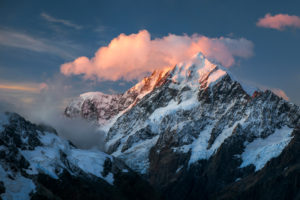 Mt Cook peak with cloud in the last evening light, Mt Cook National Park, Canterbury, New Zealand Mt Cook peak with cloud in the last evening light, Mt Cook National Park, Canterbury, New Zealand