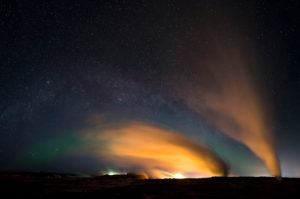 Gunnuhver steam columns at night with Milky Way and Northern Lights, Reykjanes, Iceland Gunnuhver steam columns at night with Milky Way and Northern Lights, Reykjanes, Iceland