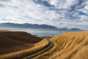 Lonely coastal road with a view of the mountains of Kaikoura, Canterbury, New Zealand Lonely coastal road with a view of the mountains of Kaikoura, Canterbury, New Zealand