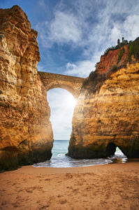 Europe, Portugal, Algarve, Litoral, Barlavento, District Faro, Lagos, bay on the cliff, Praia dos Estudantes, portrait format Europe, Portugal, Algarve, Litoral, Barlavento, District Faro, Lagos, bay on the cliff, Praia dos Estudantes, portrait format