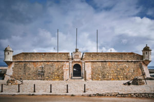 Europe, Portugal, Algarve, Litoral, Barlavento, Felsalgarve, Faro District, Lagos, Forte Ponta da Bandeira, main portal on Avenida dos Descobrimentos Europe, Portugal, Algarve, Litoral, Barlavento, Felsalgarve, Faro District, Lagos, Forte Ponta da Bandeira, main portal on Avenida dos Descobrimentos