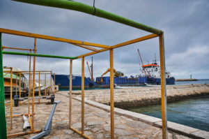 Europe, Portugal, Algarve, Litoral, Barlavento, Felsalgarve, Faro District, Lagos, port area, suction dredger in the port entrance Europe, Portugal, Algarve, Litoral, Barlavento, Felsalgarve, Faro District, Lagos, port area, suction dredger in the port entrance