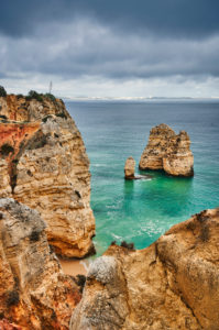 Europe, Portugal, Algarve, Litoral, Barlavento, Felsalgarve, district Faro, Lagos, coast section of the Ponta da Piedade, offshore rock reef, portrait format Europe, Portugal, Algarve, Litoral, Barlavento, Felsalgarve, district Faro, Lagos, coast section of the Ponta da Piedade, offshore rock reef, portrait format