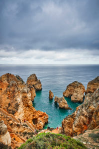 Europe, Portugal, Algarve, Litoral, Barlavento, Felsalgarve, district Faro, Lagos, Ponta da Piedade, lagoon with stone stairs, dream path, clouded, portrait format Europe, Portugal, Algarve, Litoral, Barlavento, Felsalgarve, district Faro, Lagos, Ponta da Piedade, lagoon with stone stairs, dream path, clouded, portrait format