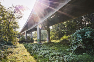 Architecture, technology and nature, under a bridge, superstructure in the back light, sun spot with rays of light, concrete bridge over the Ilmenau and a railway site, Friedrich-Ebert-Bridge in Lüneburg, Lower Saxony Architecture, technology and nature, under a bridge, superstructure in the back light, sun spot with rays of light, concrete bridge over the Ilmenau and a railway site, Friedrich-Ebert-Bridge in Lüneburg, Lower Saxony