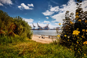Germany, Northern Germany, Hamburg, Altona, Othmarschen, port city, sea customs port, Elbe, Elbe beach, view to a sandy bay, container terminal Burchardkai, nature and technology Germany, Northern Germany, Hamburg, Altona, Othmarschen, port city, sea customs port, Elbe, Elbe beach, view to a sandy bay, container terminal Burchardkai, nature and technology