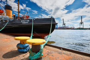 Germany, Northern Germany, Hamburg, Altona, Othmarschen, port city, seaport, Elbe, Oevelgönne museum harbor, Neumühlen ferry terminal, historical icebreaker Stettin, commissioned as the largest German icebreaker in 1933, technical cultural monument since 1982, bollards, view of container terminal Burchardkai Germany, Northern Germany, Hamburg, Altona, Othmarschen, port city, seaport, Elbe, Oevelgönne museum harbor, Neumühlen ferry terminal, historical icebreaker Stettin, commissioned as the largest German icebreaker in 1933, technical cultural monument since 1982, bollards, view of container terminal Burchardkai