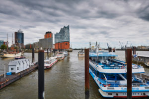Germany, Northern Germany, port city, Hamburg, seaport, Elbe, Hamburg harbor, Überseebrücke, view of the landmark Elbphilharmonie, Hafencity Germany, Northern Germany, port city, Hamburg, seaport, Elbe, Hamburg harbor, Überseebrücke, view of the landmark Elbphilharmonie, Hafencity