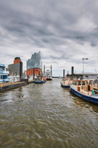 Germany, Northern Germany, port city, Hamburg, seaport, Elbe, Hamburg harbor, Überseebrücke, harbor basin, view of Hafencity and the landmark Elbphilharmonie, portrait format Germany, Northern Germany, port city, Hamburg, seaport, Elbe, Hamburg harbor, Überseebrücke, harbor basin, view of Hafencity and the landmark Elbphilharmonie, portrait format