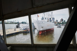 Germany, Northern Germany, port city, Hamburg, seaport, Elbe, Hamburg harbor, mooring of the museum ship Cap San Diego, view through the Überseebrücke disc Germany, Northern Germany, port city, Hamburg, seaport, Elbe, Hamburg harbor, mooring of the museum ship Cap San Diego, view through the Überseebrücke disc