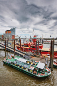 Germany, Northern Germany, port city, Hamburg, seaport, Elbe, Hamburg harbor, Überseebrücke, Elbe promenade, the lightship LV13 and excursion ship Anita Ehlers, view of Hafencity and the landmark Elbphilharmonie, portrait format Germany, Northern Germany, port city, Hamburg, seaport, Elbe, Hamburg harbor, Überseebrücke, Elbe promenade, the lightship LV13 and excursion ship Anita Ehlers, view of Hafencity and the landmark Elbphilharmonie, portrait format
