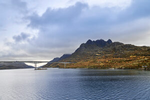 Cruise along the coast of Norway, Lofoten archipelago, Raftsund Bridge with the E10 NASJONAL TURISTVEG SCENIC ROUTE LOFOTEN road