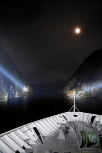 Cruise on the coast of Norway, Lofoten archipelago, narrow channel in the Trollfjord at night, illumination with on-board spotlight, moonlit night, portrait format