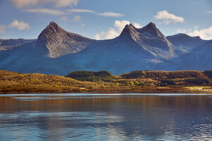 Cruise on the coast of Norway, mountain range The Seven Sisters, detailed view of the mountain peaks