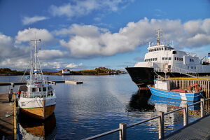 Cruise on the coast of Norway, Vega Archipelago, Bronnoysund, port of the town of Brønnøysund at the center of the Norwegian coast, sunny weather