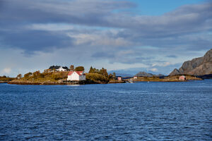 Cruise along the coast of Norway, Vega Archipelago in the province of Helgeland, archipelago with individual houses and cabins