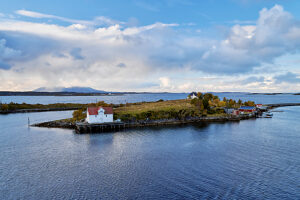 Cruise on the coast of Norway, Vega Archipelago in the province of Helgeland, archipelago, lonely house and boathouse