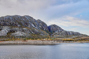 Cruise along the coast of Norway, Vega Archipelago, barren rocky island, sparsely populated