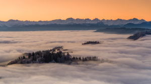 Sunrise over the sea of fog on the Uetliberg near Zurich Sunrise over the sea of fog on the Uetliberg near Zurich