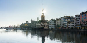 Switzerland, Panorama of Zurich, Limmat with Wühre and Fraumünster