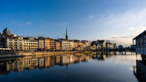 Switzerland, Zurich, Limmatquai in the winter sun