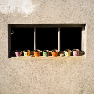 Switzerland, Horgenberg, building, facade, window, colorful pots, candle holder