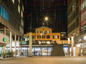 Switzerland, Canton Aargau, SBB train station in Baden, night shot